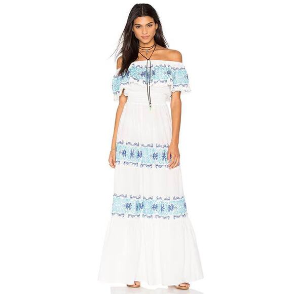 Nightcap Large White Greek Isle Embroidered Off Shoulder Flowy Maxi Dress - Picture 1 of 10